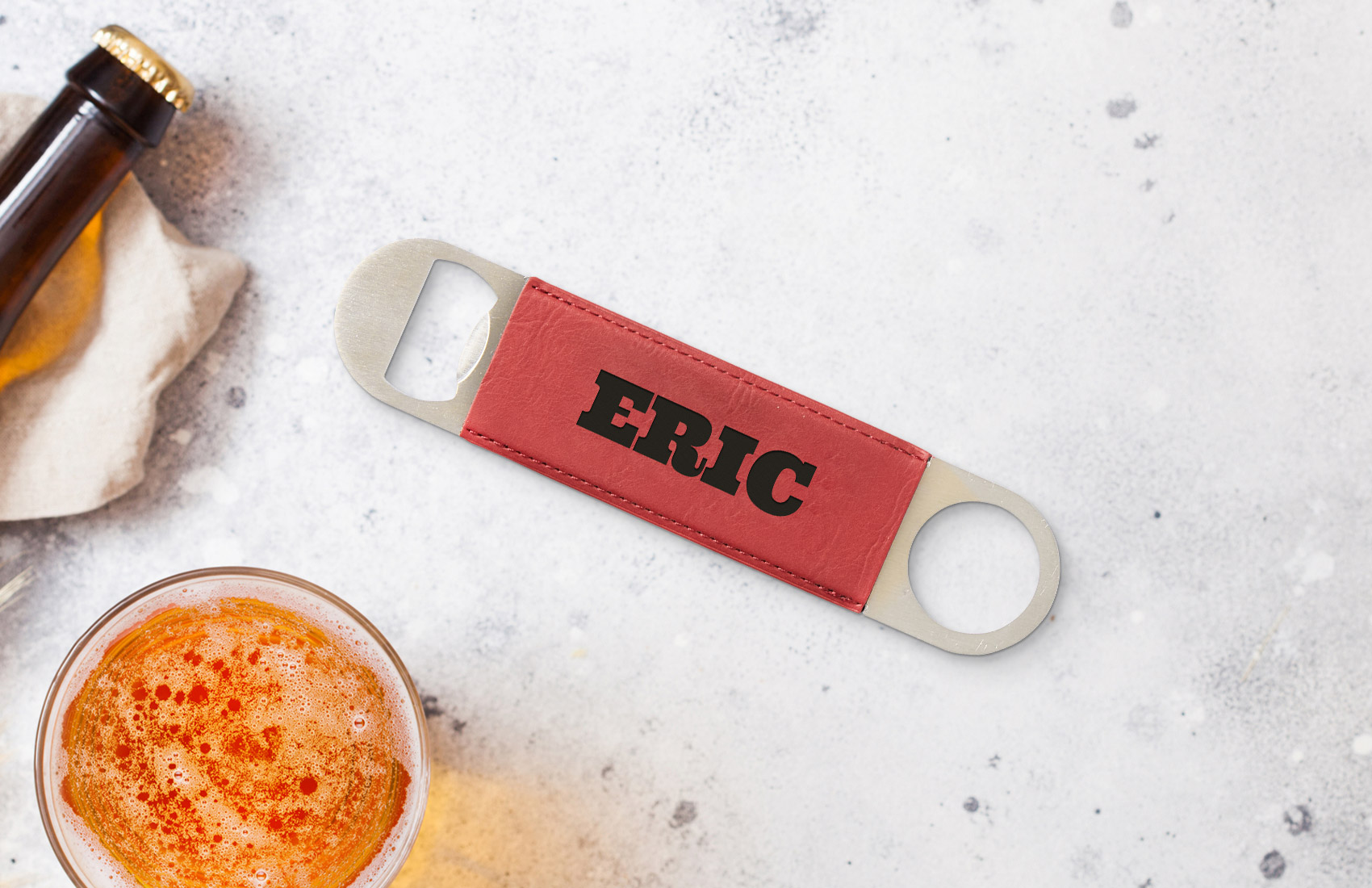 Red Leather Engraved Bottle Opener