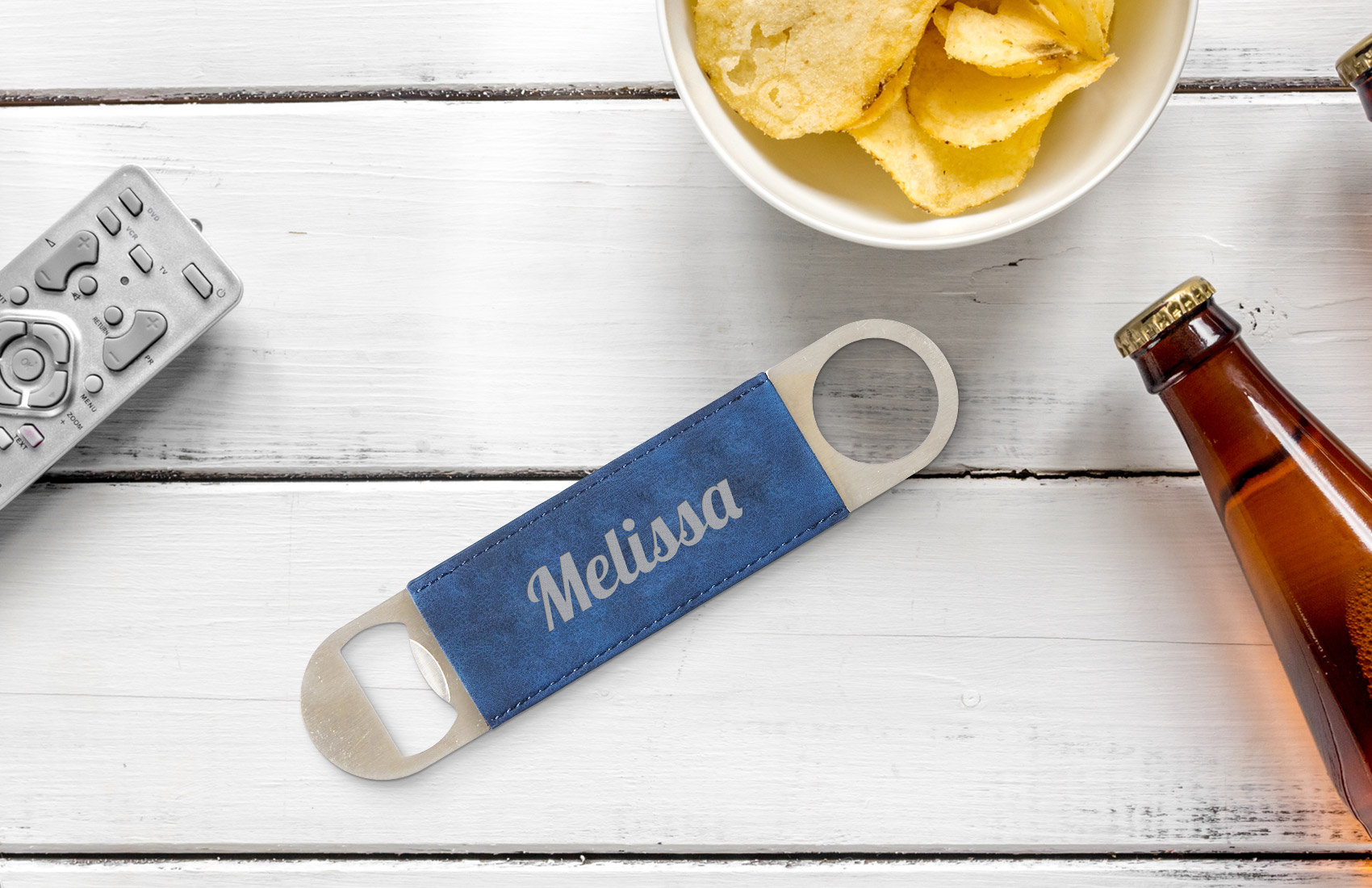 Blue Leather Engraved Bottle Opener